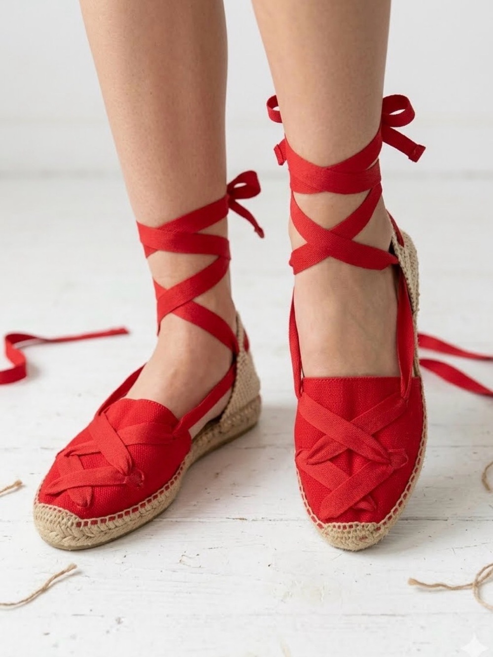 Red Lace-Up Espadrilles with Ribbon Ties by